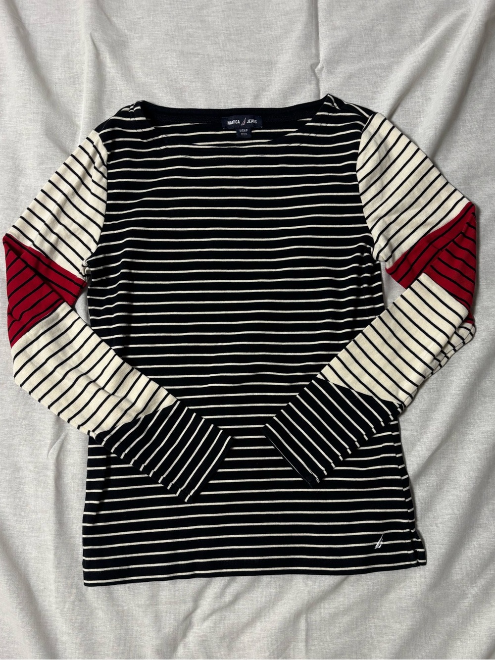 Nautica Black, Cream & Red Striped Long-Sleeve Boatneck Top